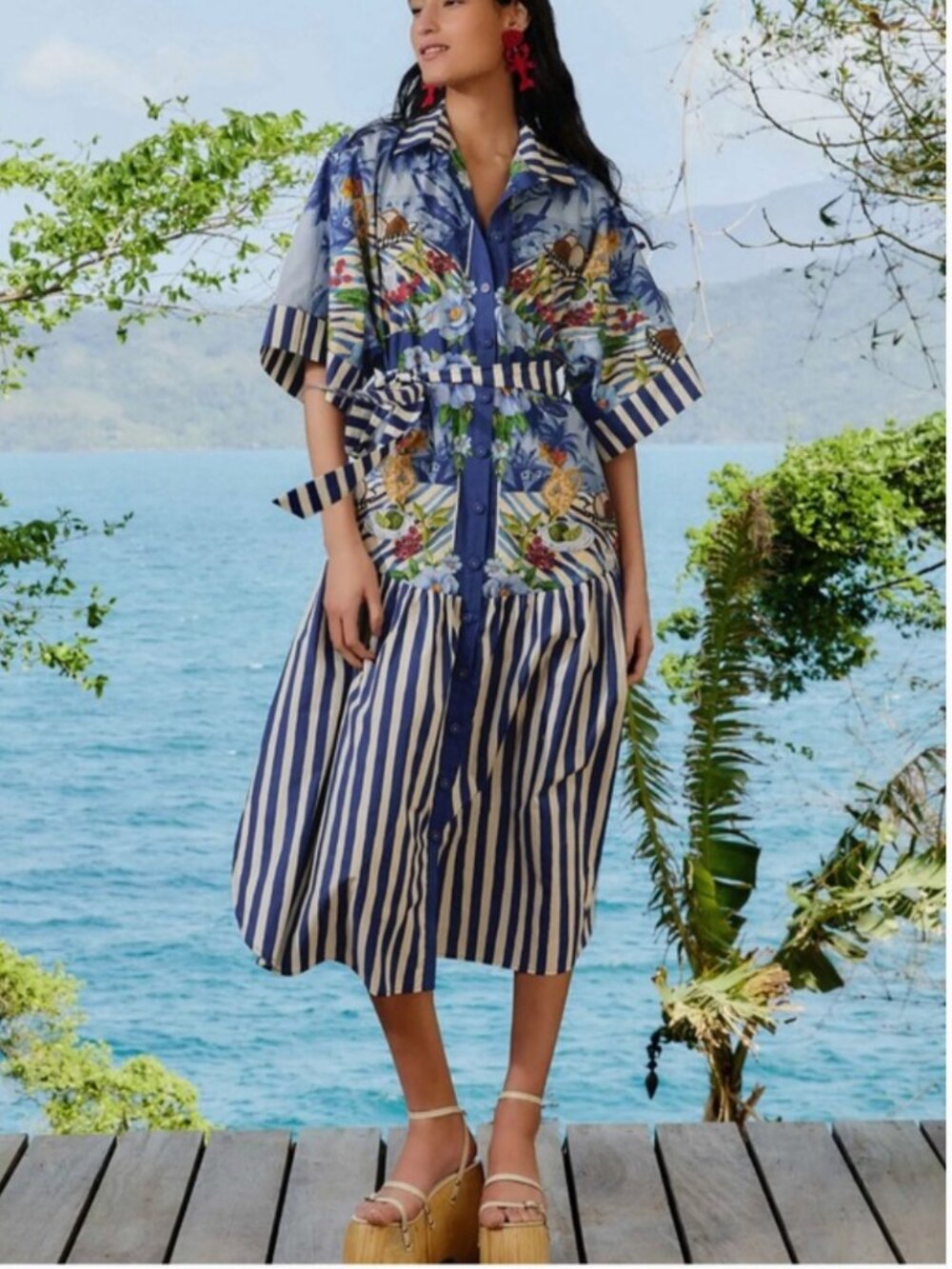 Farm Rio Blue Fresh Table Scarf Organic Cotton Midi Dress size L - Picture 2 of 9